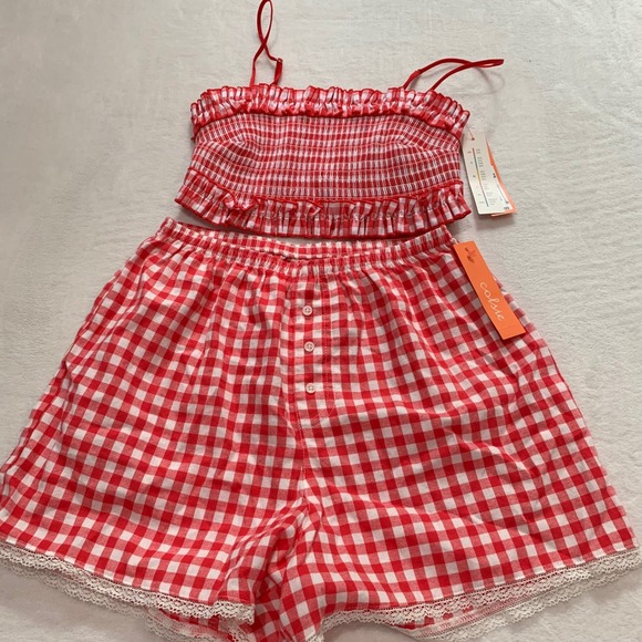 Colsie Other - Colsie red white gingham pajamas set smocked spaghetti strap top shorts‎ size XS